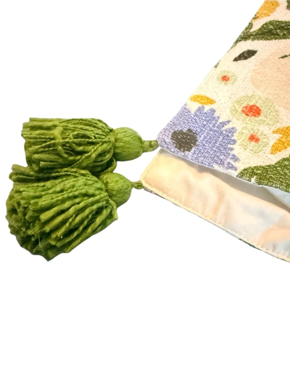 Floral Print Table Runner with Green Tassels - Cream